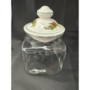 Vintage PFALTZGRAFF Holly Porcelain Topped Square Glass Canister Christmas Jar